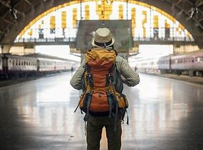 Backpacker op een treinstation